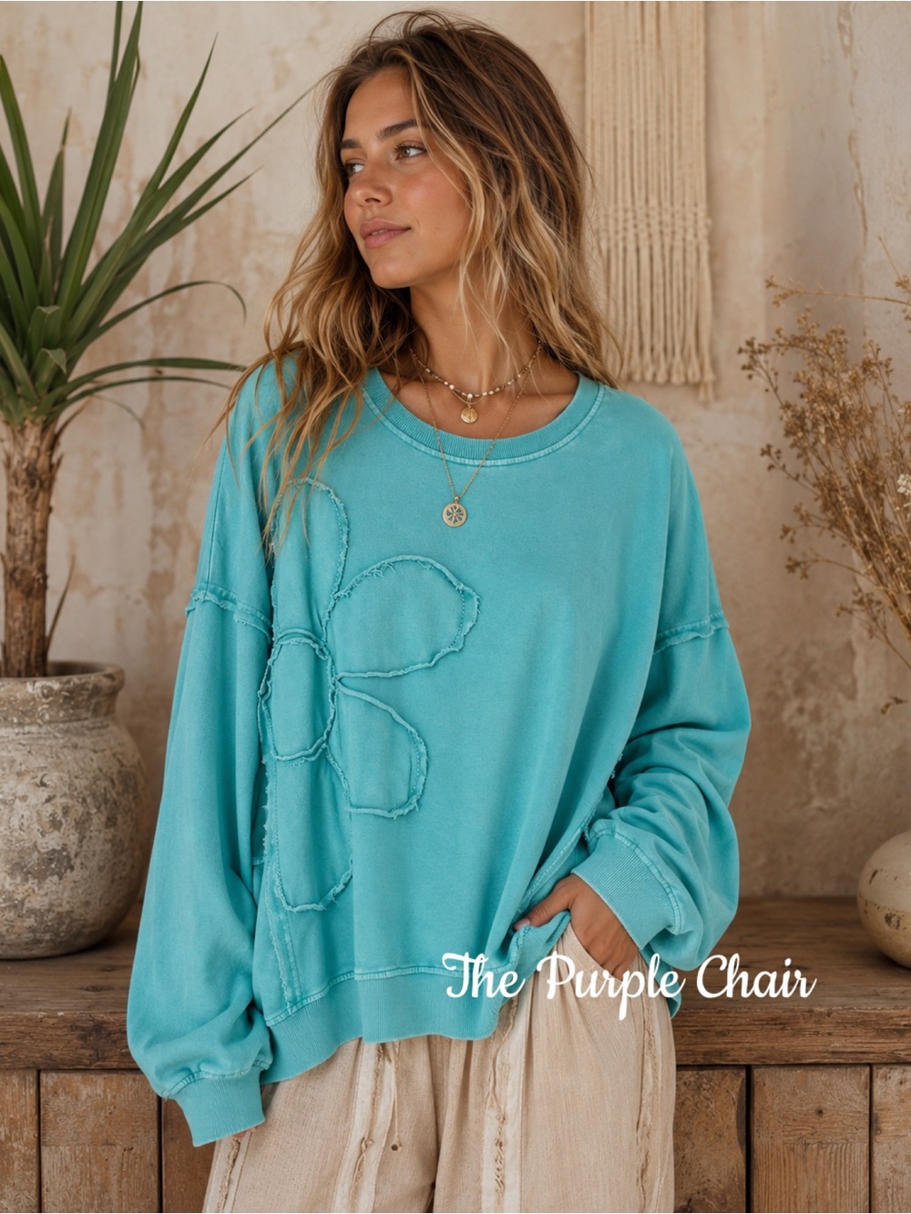 EASEL NWT Boho Seafoam Green Flower Patch Mineral Washed Terry Knit Pullover L